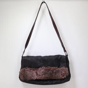 A. Testoni Shoulder Handbag Brown Leather Purple Fur Trim Signature Embossed Bag